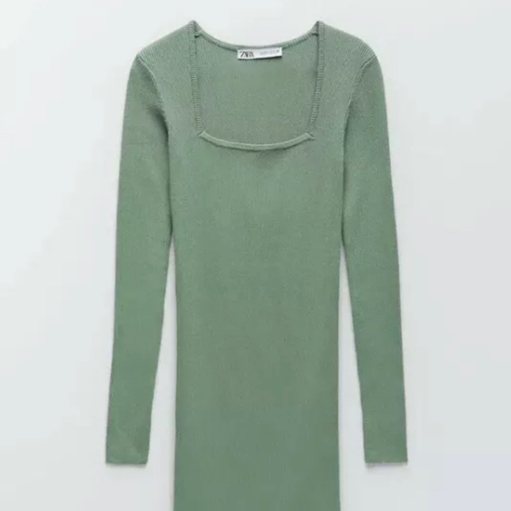 Zara long sleeve square neck green midi dress